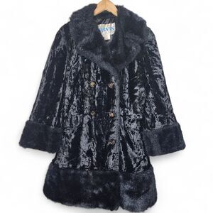 Vintage 60s 70s Coat Black Velvet Penny Lane Princess Faux Fur Glam Collar Cuffs